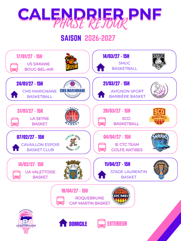 Le calendrier PNF 2026-2027 est là ! 

La saison approche à grands pas et il est temps de vous partager les rendez-vous de notre PNF ! 👀

📅 11 matchs à domicile 🚌 11 déplacements

On vous attend nombreux tout au long de la saison pour venir encourager l’équipe et mettre l’ambiance en tribunes ! 💙💜
